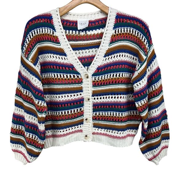 Le Lis Multicolor Crochet Striped Cardigan Sweater Womens Small - Picture 1 of 8